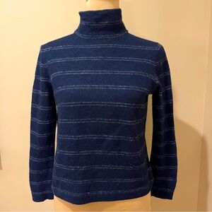 Vince Boiled Cashmere Navy Ecru pinstripe Fitted Cropped Turtleneck, size Medium